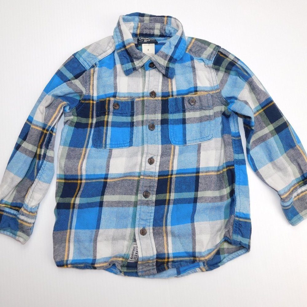 Oshkosh B'gosh Blue Plaid Flannel Button Front Shirt Toddler Boys 4T